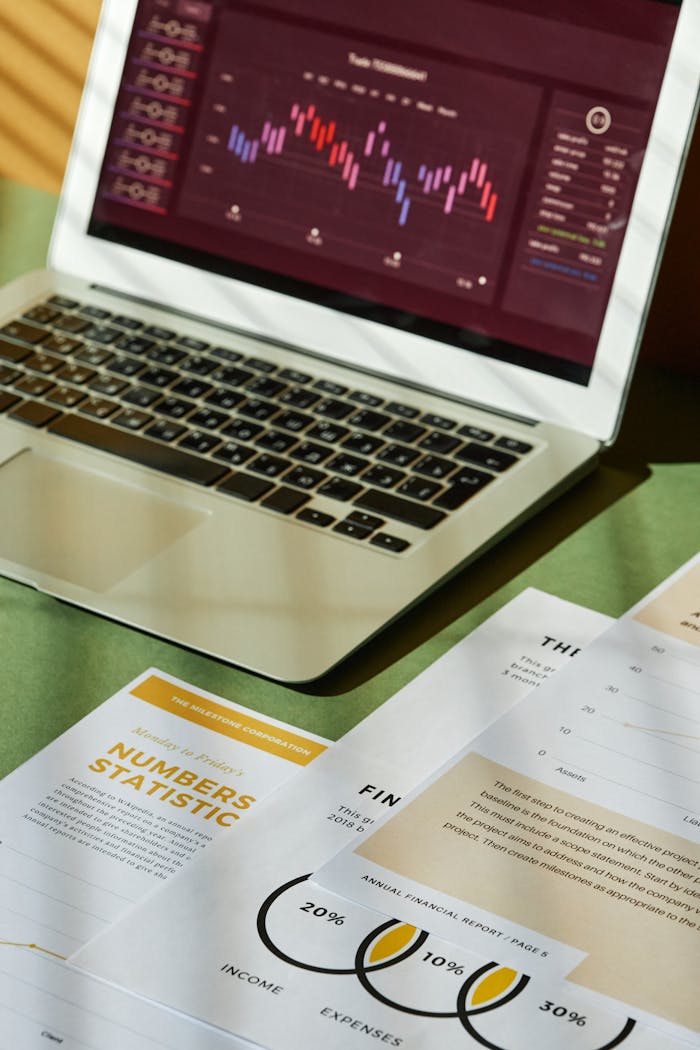about-01 Close-up of financial documents and a laptop displaying graphs, perfect for business analysis.